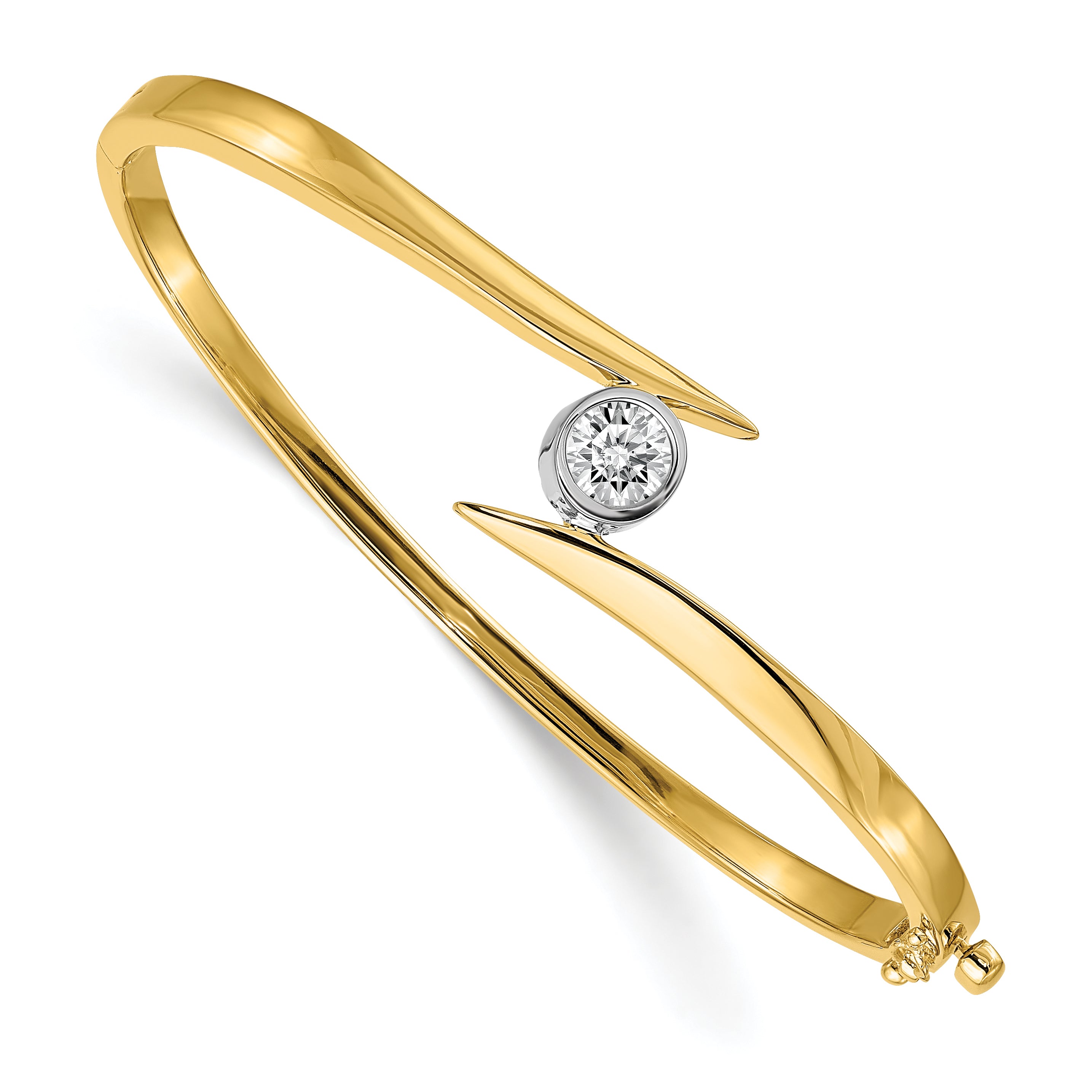 14k Two-tone Holds 3/4 carat 5.8mm Round Stone Hinged Oval Bangle Bracelet Mounting (No Stone Included)