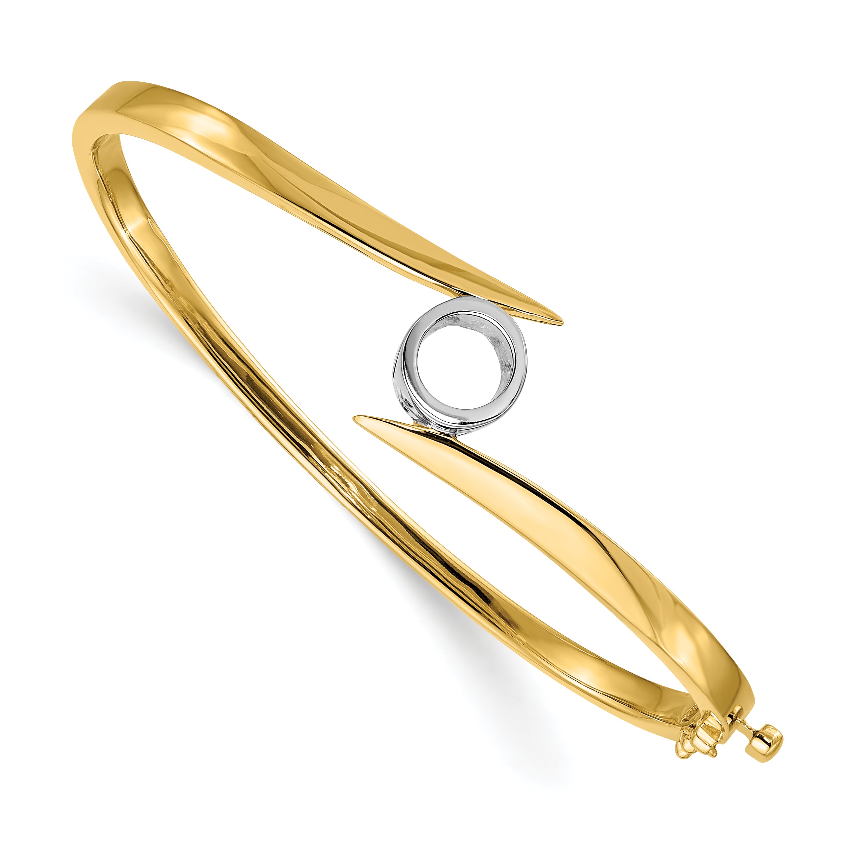 14k Two-tone Holds 1 carat 6.5mm Round Stone Hinged Oval Bangle Bracelet Mounting (No Stone Included)