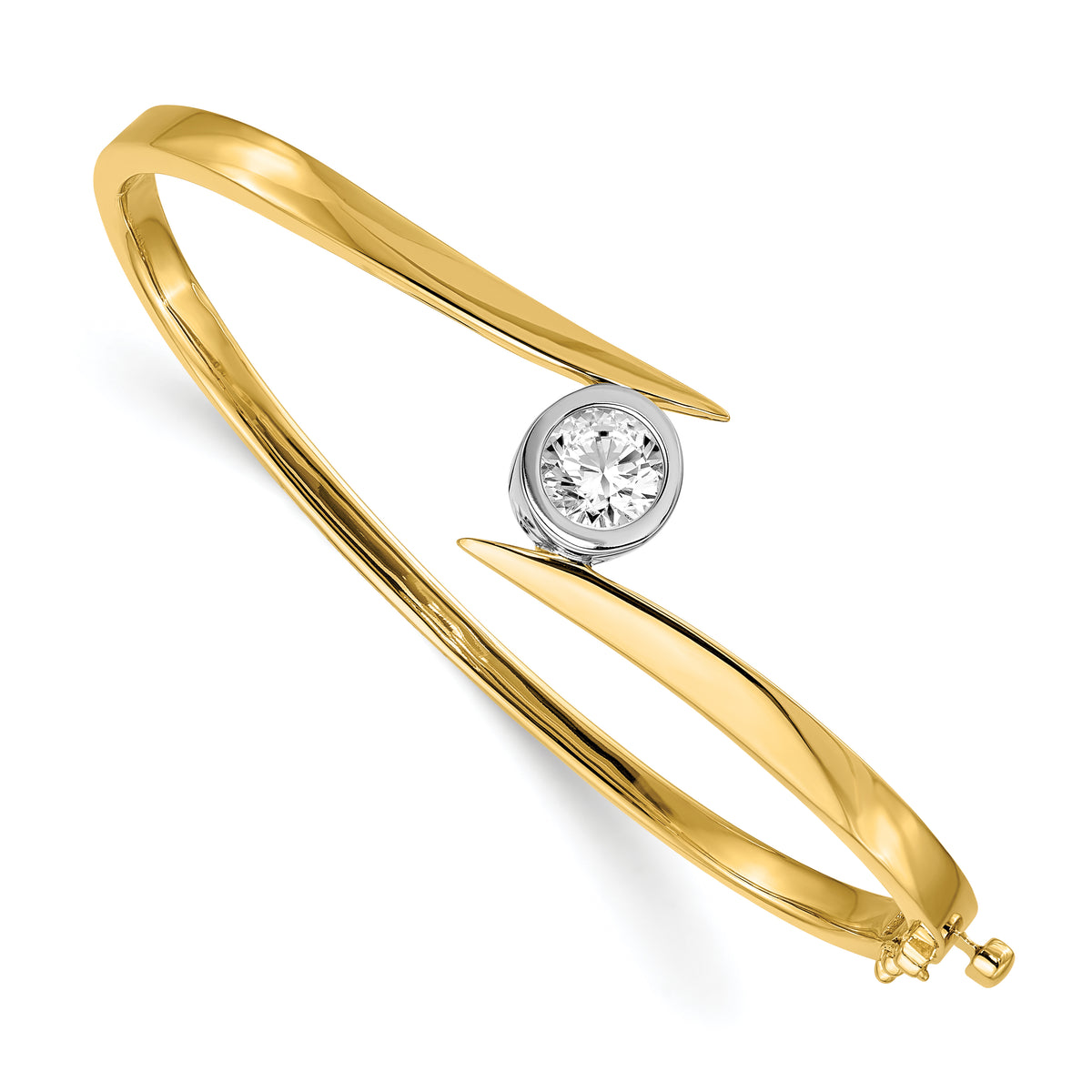 14k Two-tone Holds 1 carat 6.5mm Round Stone Hinged Oval Bangle Bracelet Mounting (No Stone Included)