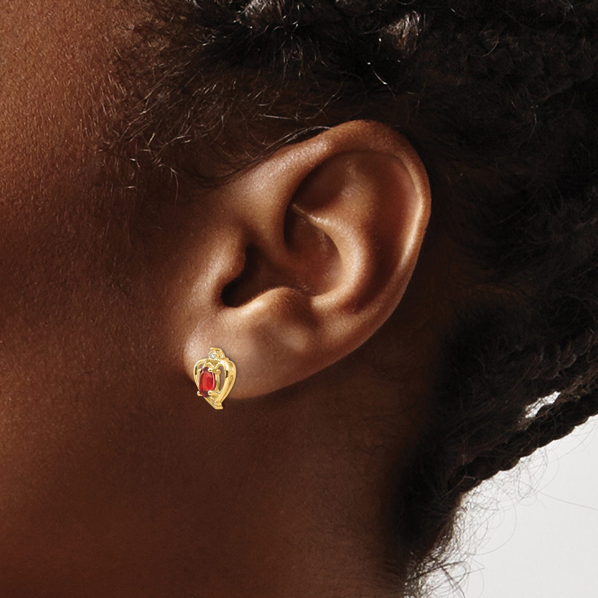 Garnet & Diamond Heart Stud Earrings in 14K Yellow Gold, 5x3mm (0.01 ct. tw.) - Sophia Jewelers