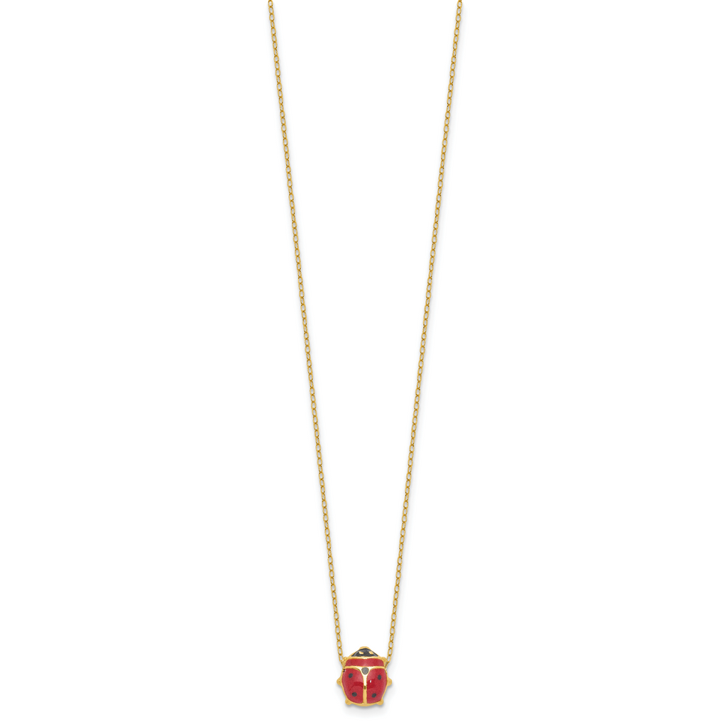 14K Polished Red and Black Enameled Ladybug 17 inch Necklace Plus 1 inch Extender