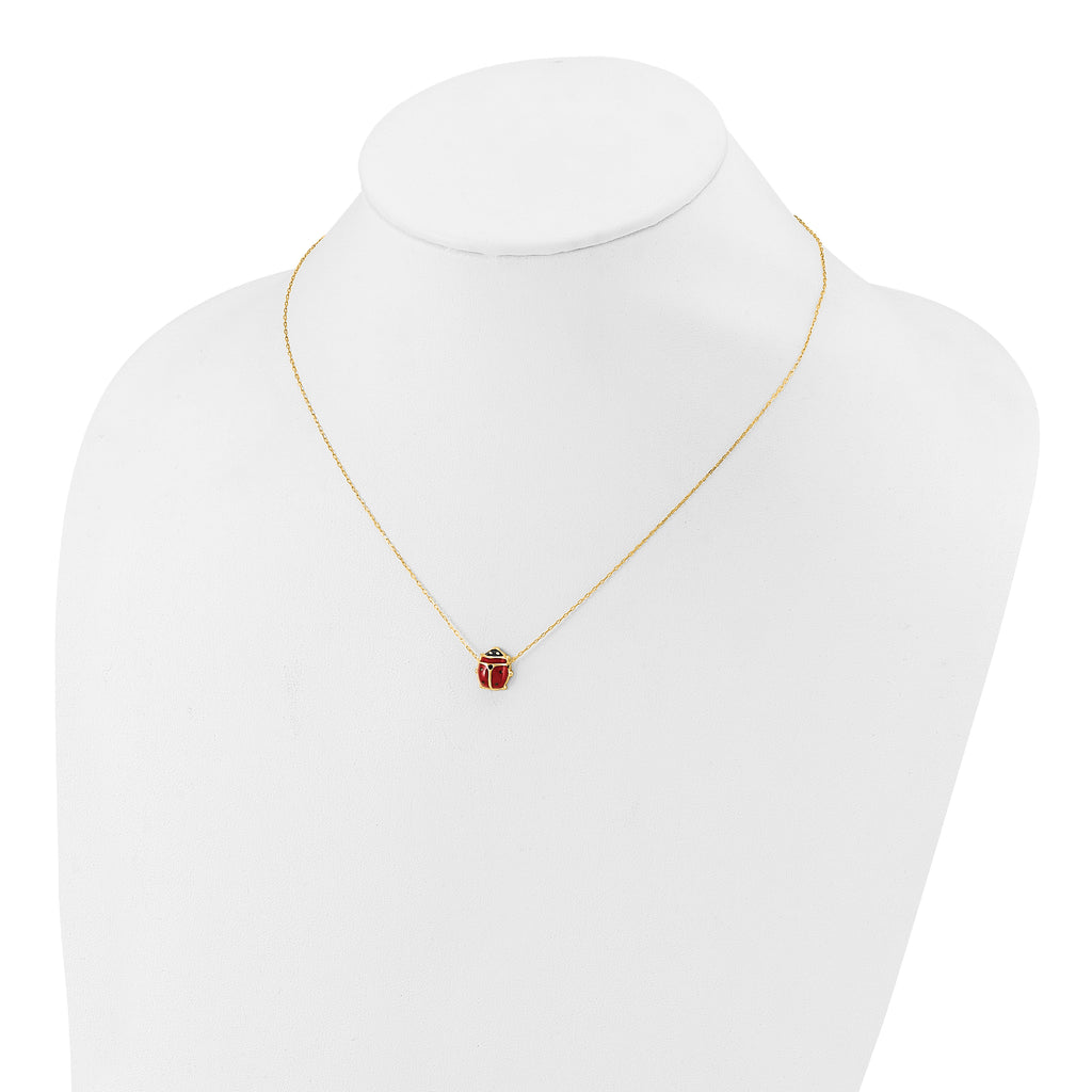 14K Polished Red and Black Enameled Ladybug 17 inch Necklace Plus 1 inch Extender