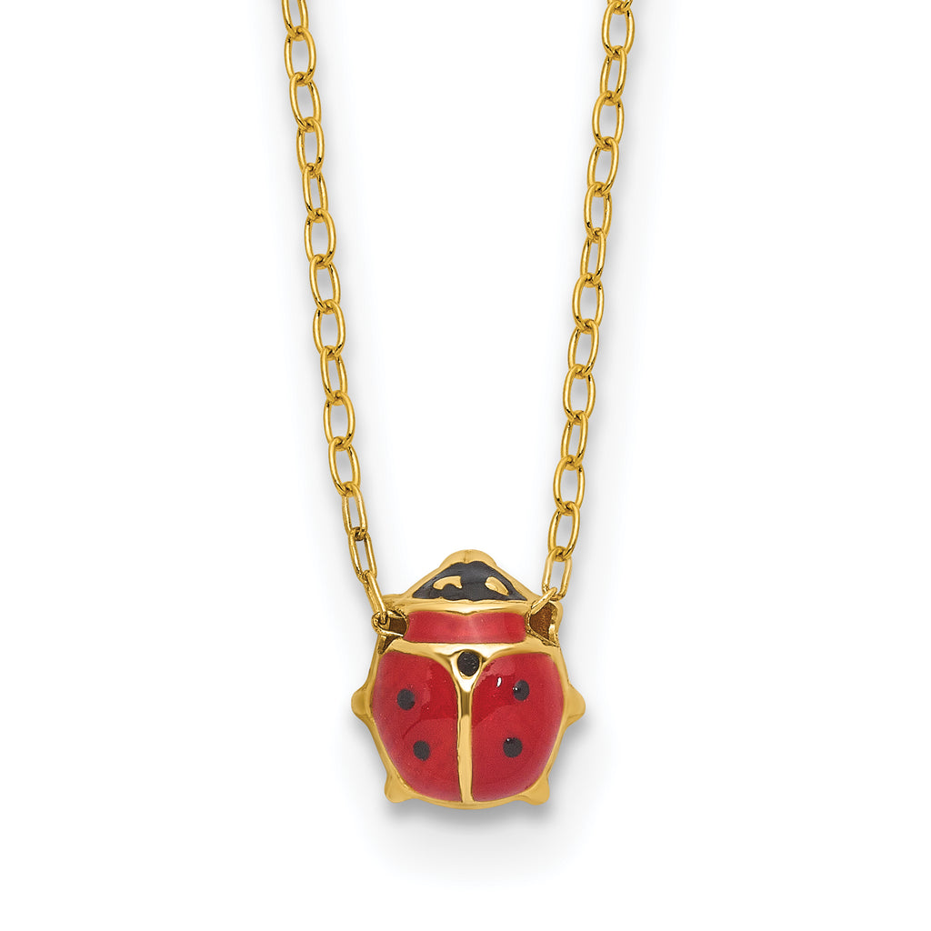 14k Polished Red and Black Enameled Ladybug 17 inch Necklace Plus 1 inch Extender