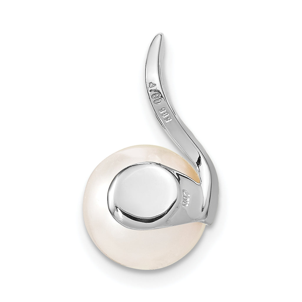 14k White Gold 9-10mm White Button Freshwater Cultured Pearl and Diamond Chain Slide