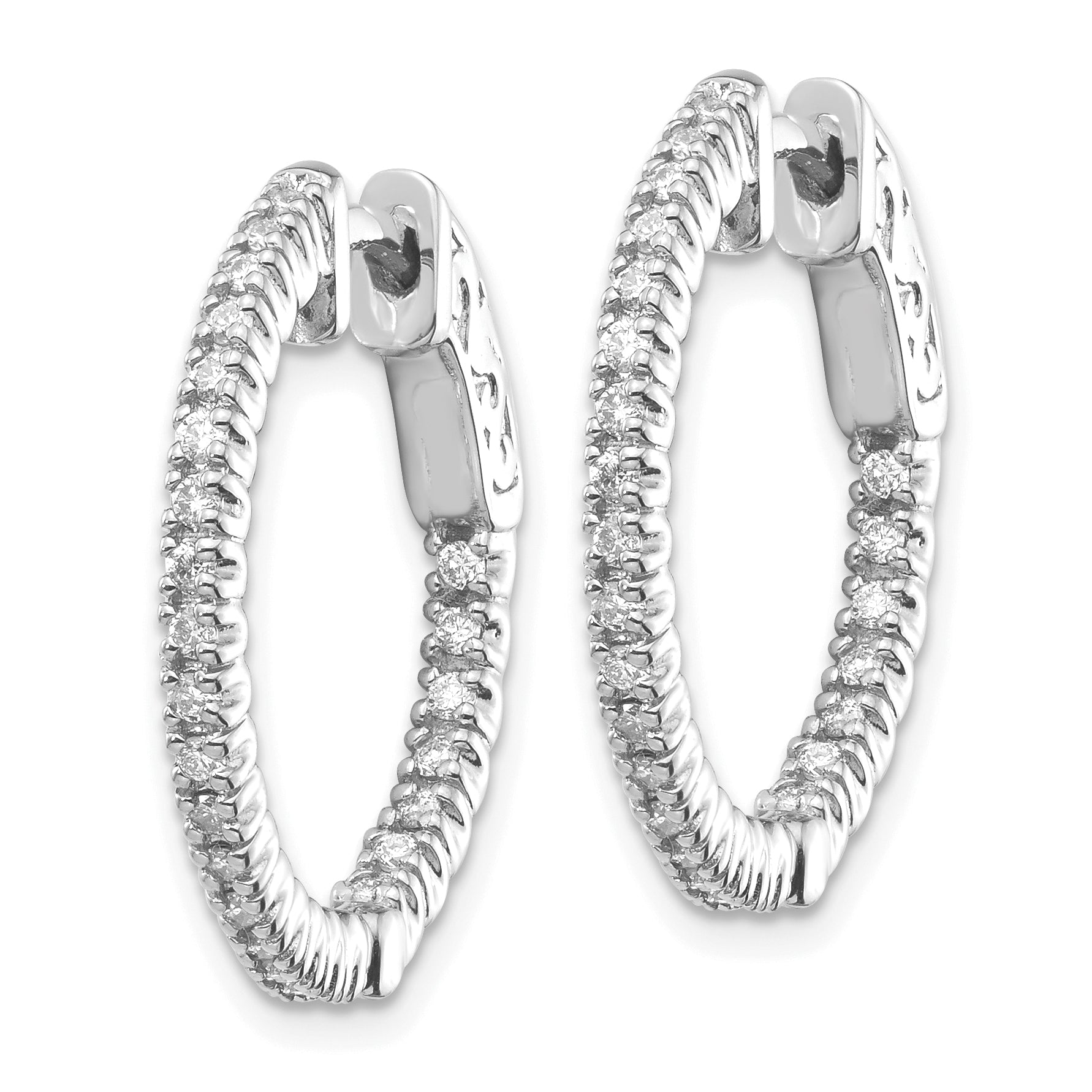14k White Gold Diamond Round Hoop w/Safety Clasp Earrings Secondary image