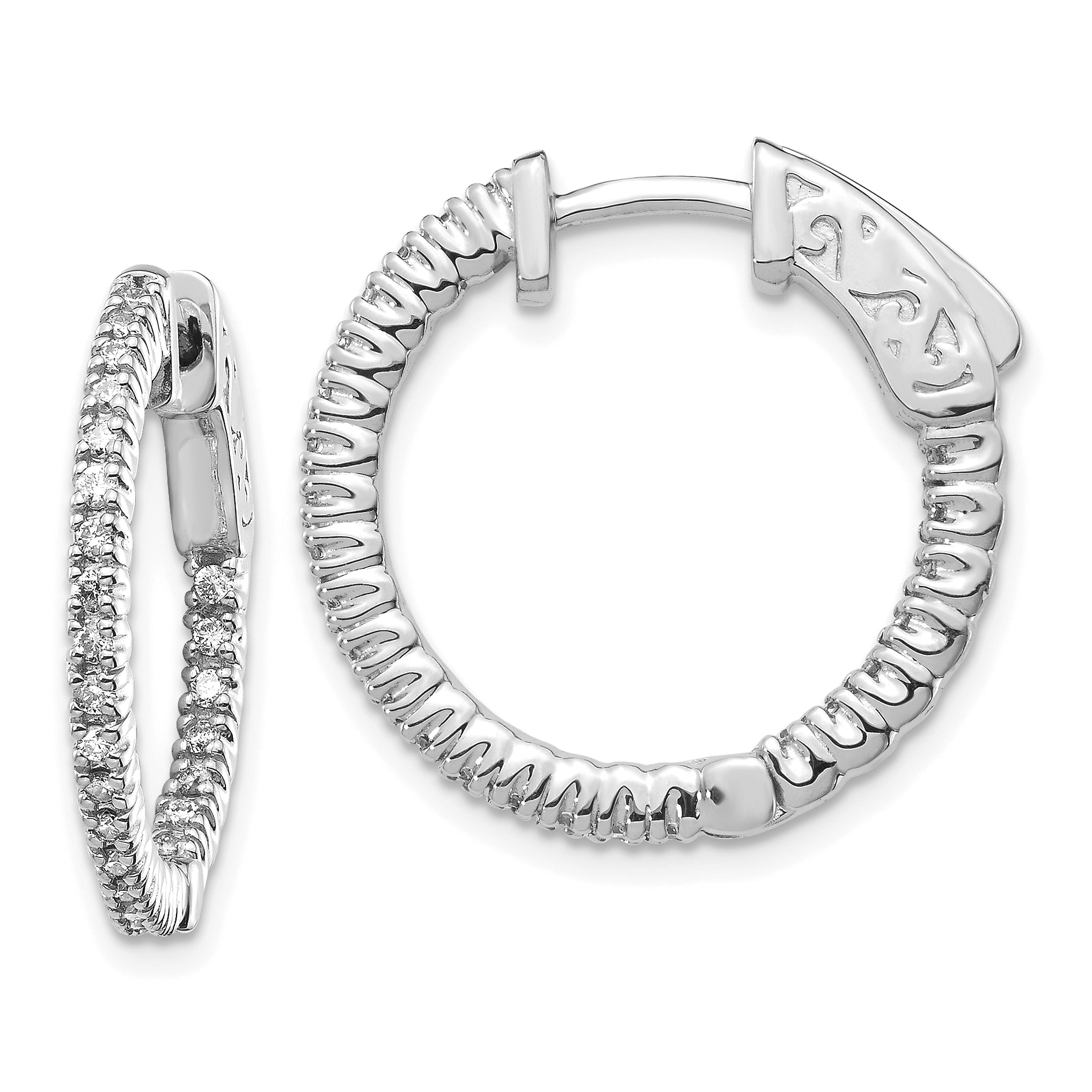 14k White Gold Diamond Round Hoop w/Safety Clasp Earrings Main image