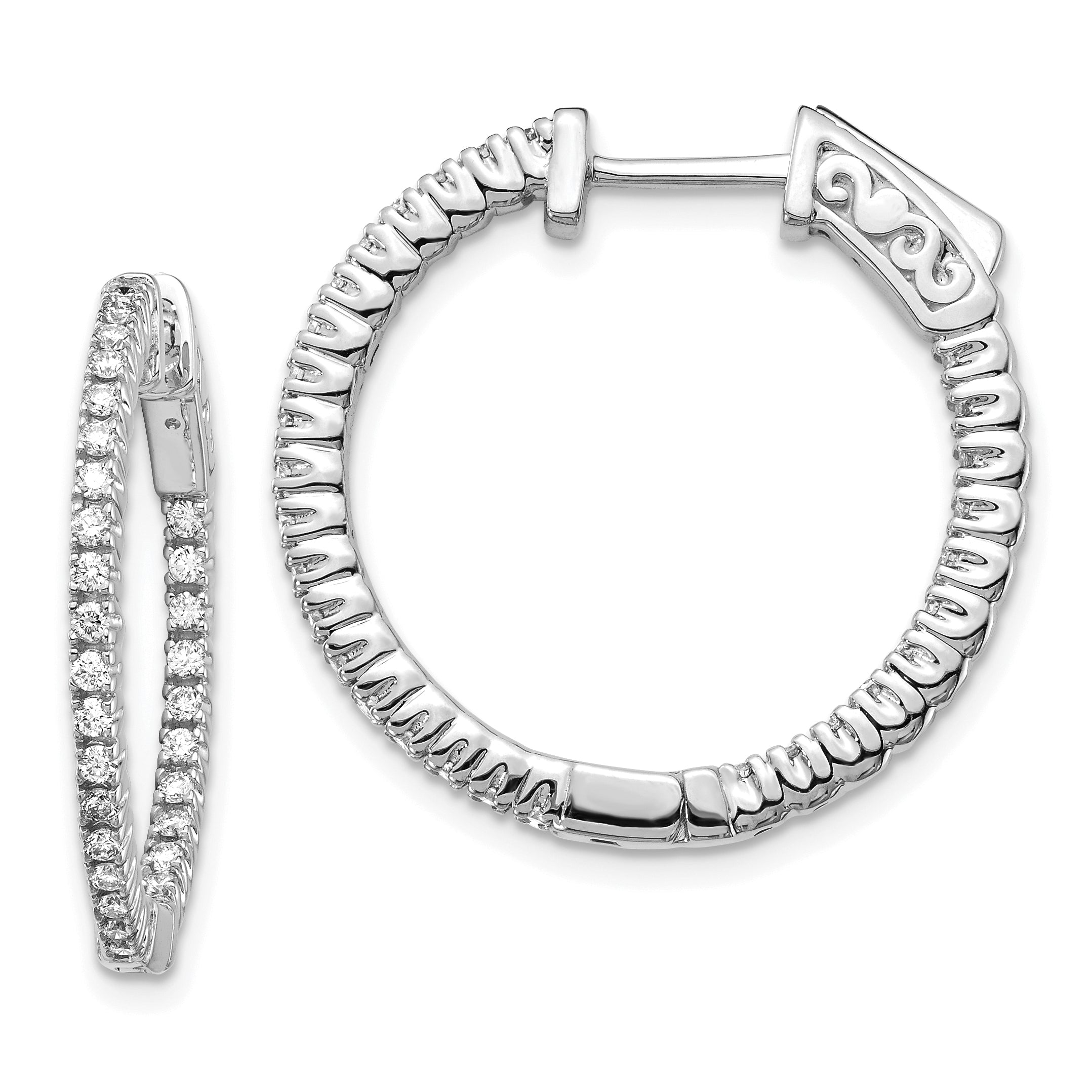 14k White Gold Diamond Round Hoop w/Safety Clasp Earrings Main image