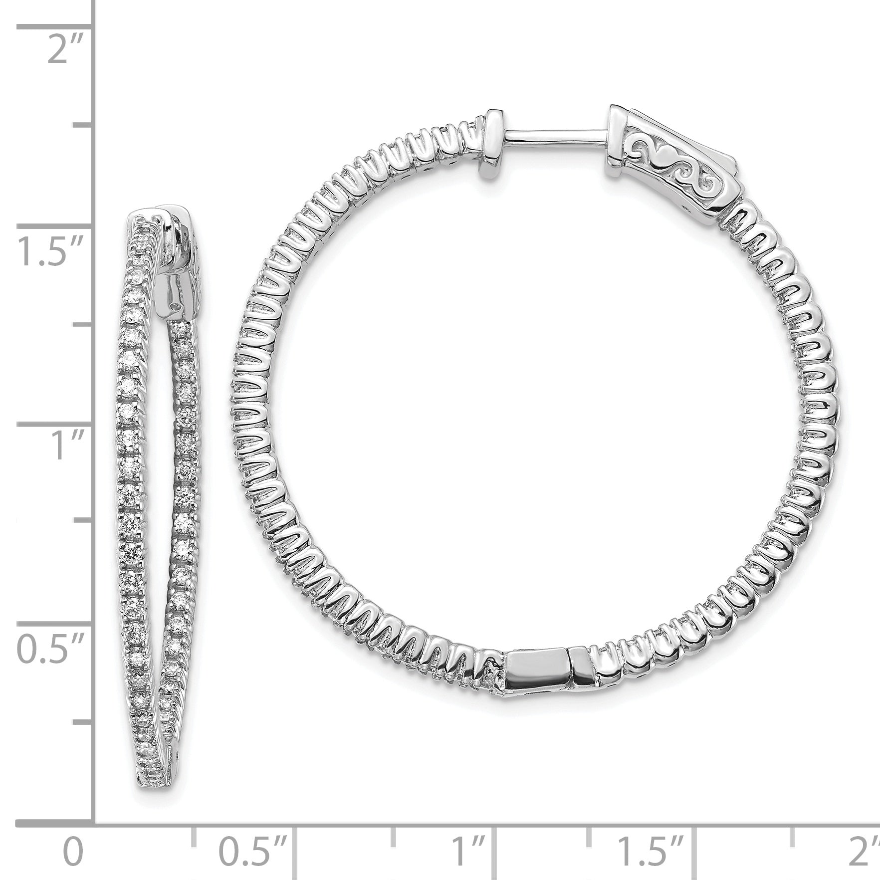 14k White Gold Diamond Round Hoop w/Safety Clasp Earrings Secondary image