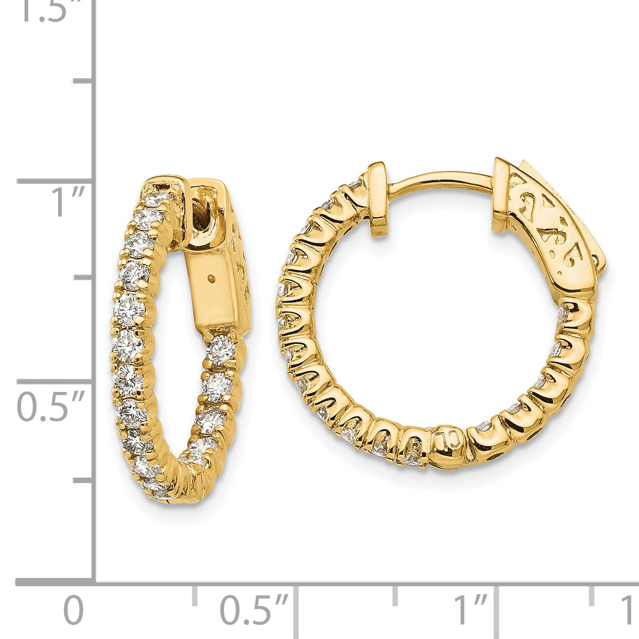 14k 1 carat Diamond Round In/Out Hoop w/Safety Clasp Earrings
