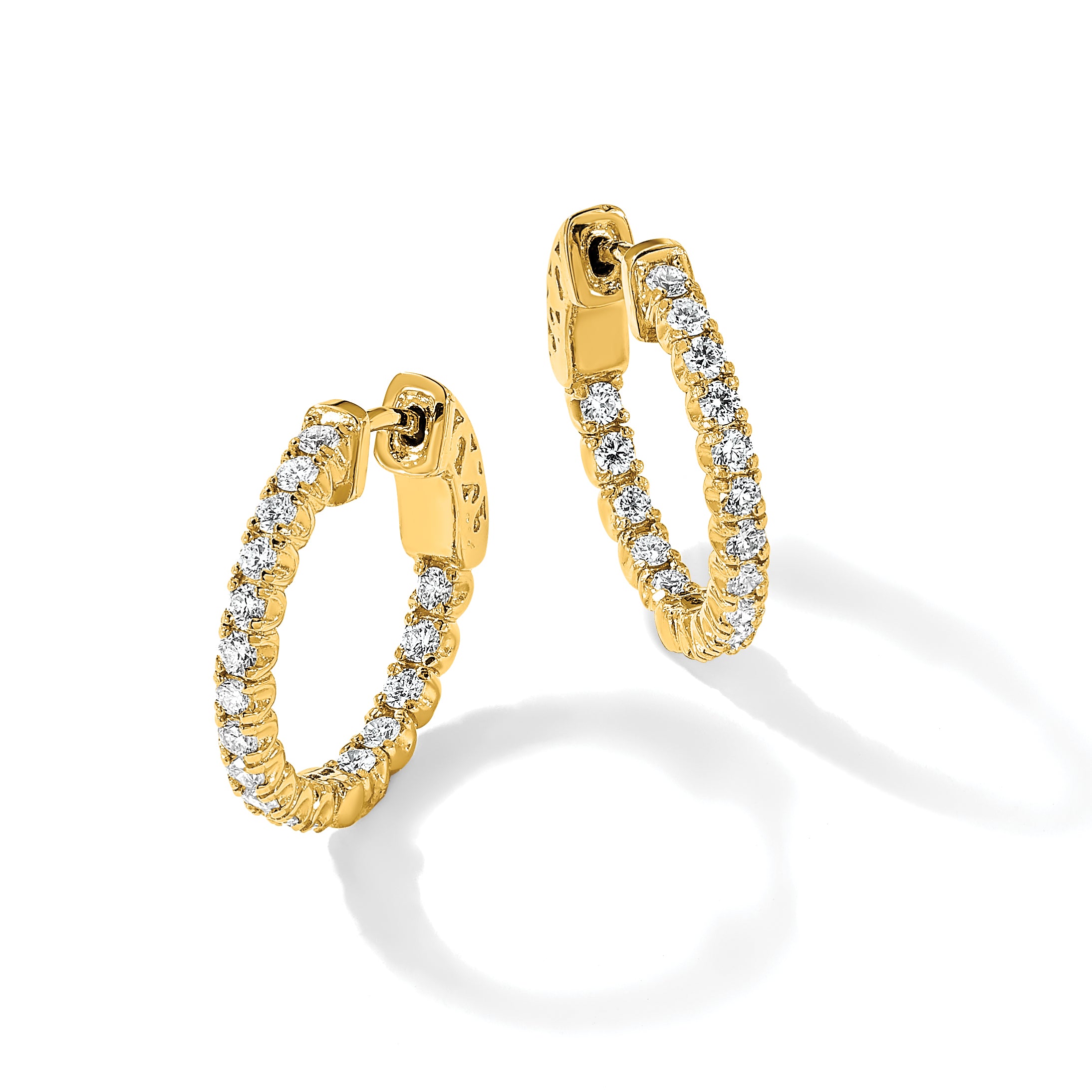 14k 1 carat Diamond Round In/Out Hoop w/Safety Clasp Earrings