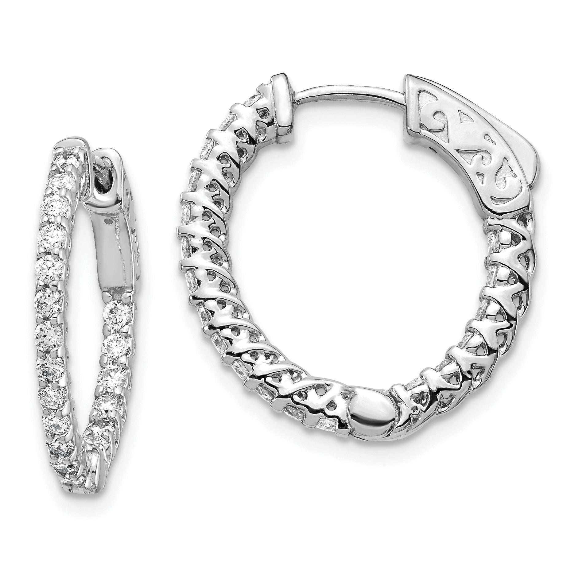 14k White Gold Diamond Round Hoop w/Safety Clasp Earrings Main image