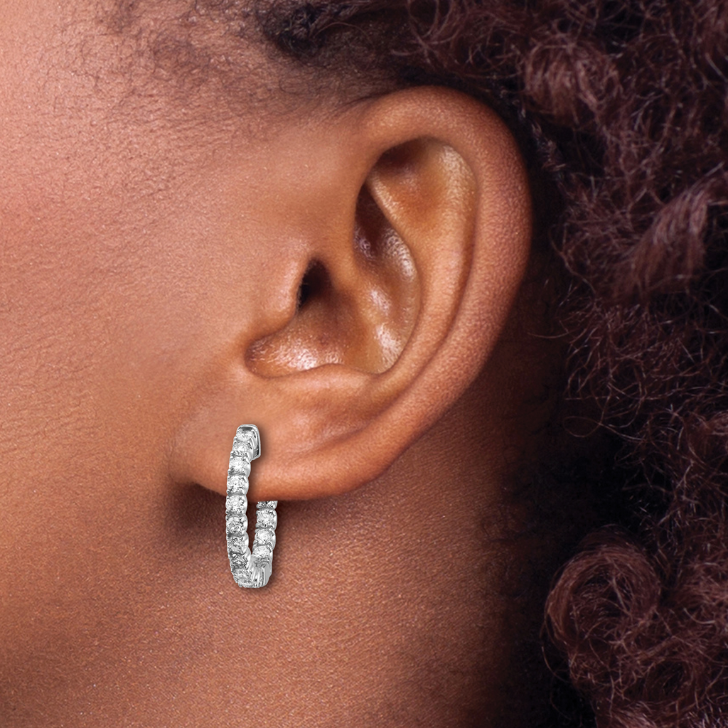 14k White Gold 1.5 carat Diamond Round In/Out Hoop w/Safety Clasp Earrings