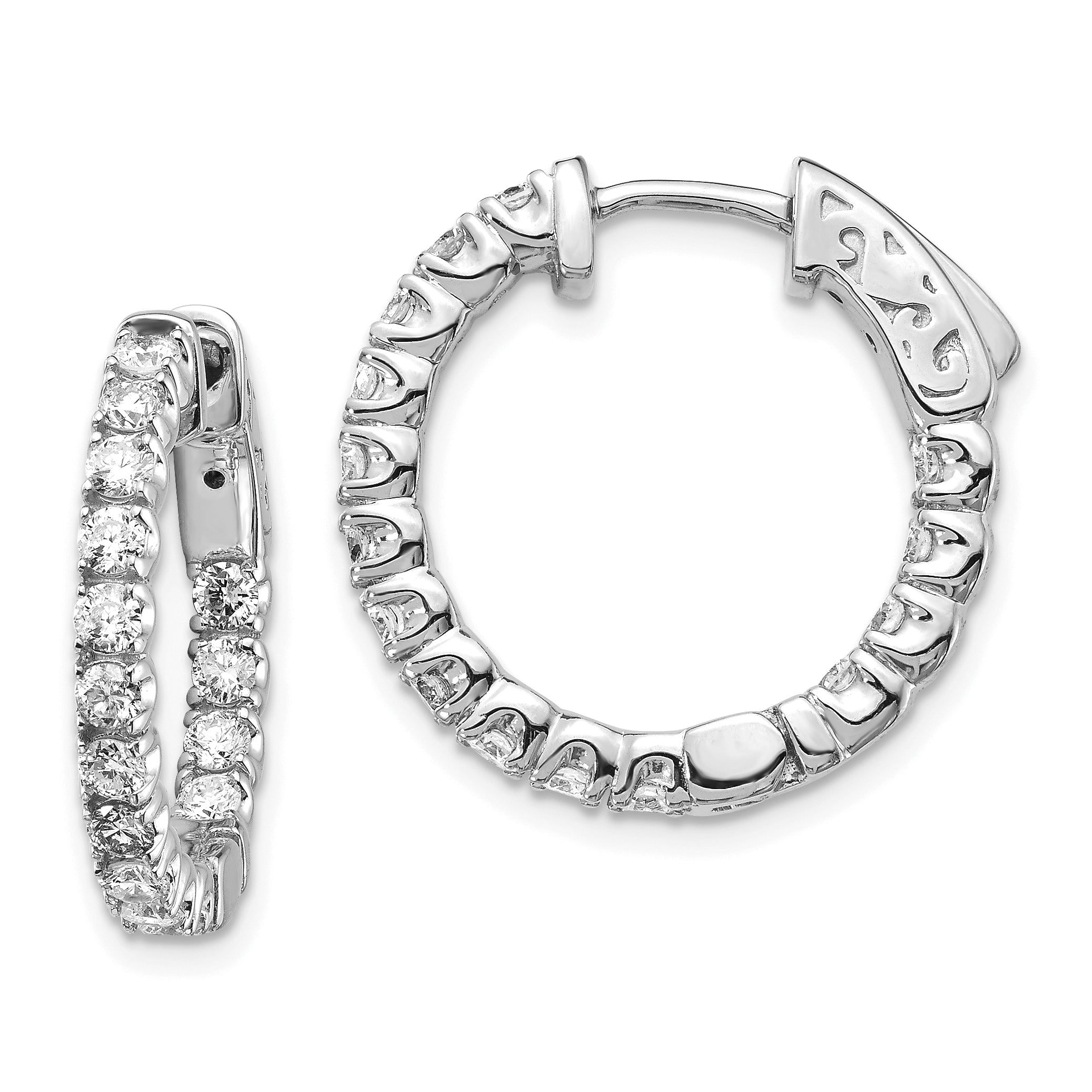 14k White Gold 1.5 carat Diamond Round In/Out Hoop w/Safety Clasp Earrings