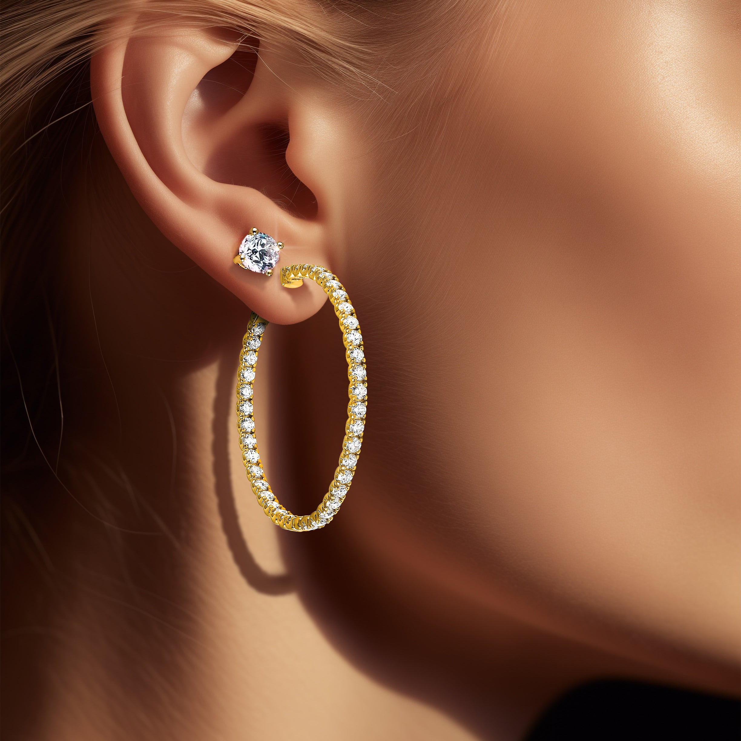 14k 7 1/4 carat Lab Grown Dia VS/SI+ G+ Round In and Out Safety Clasp Hoop Earrings
