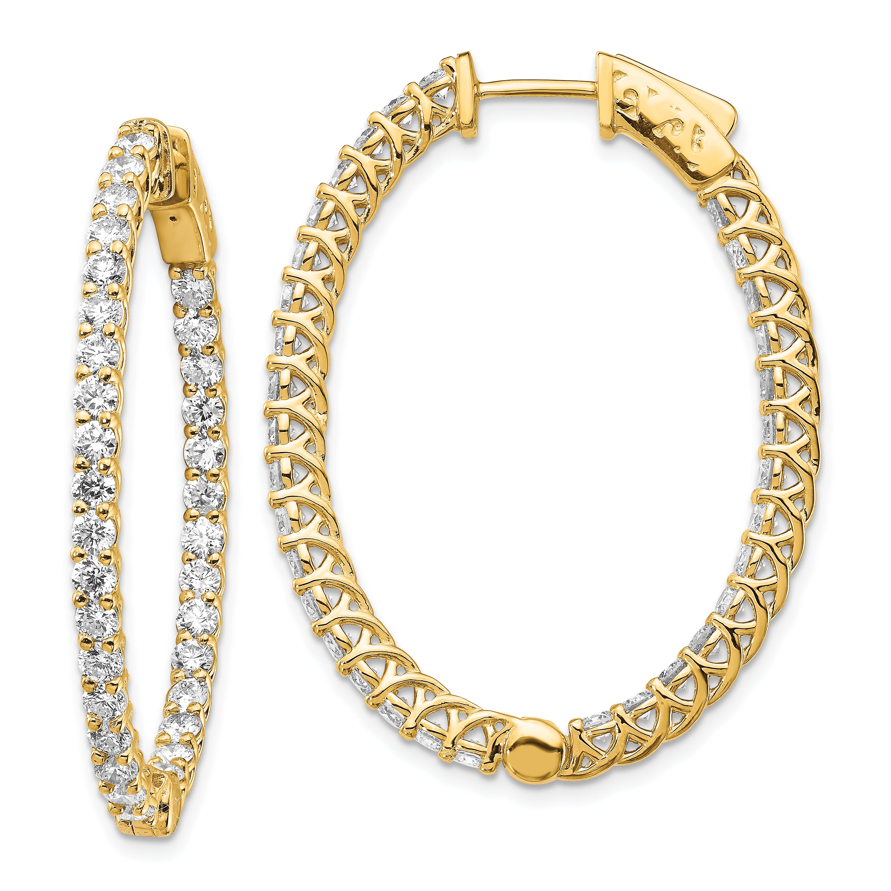 14k Yellow Gold 3 1/3 carat Lab Grown Diamond VS/SI+ G+ Oval In and Out Safety Clasp Hoop Earrings