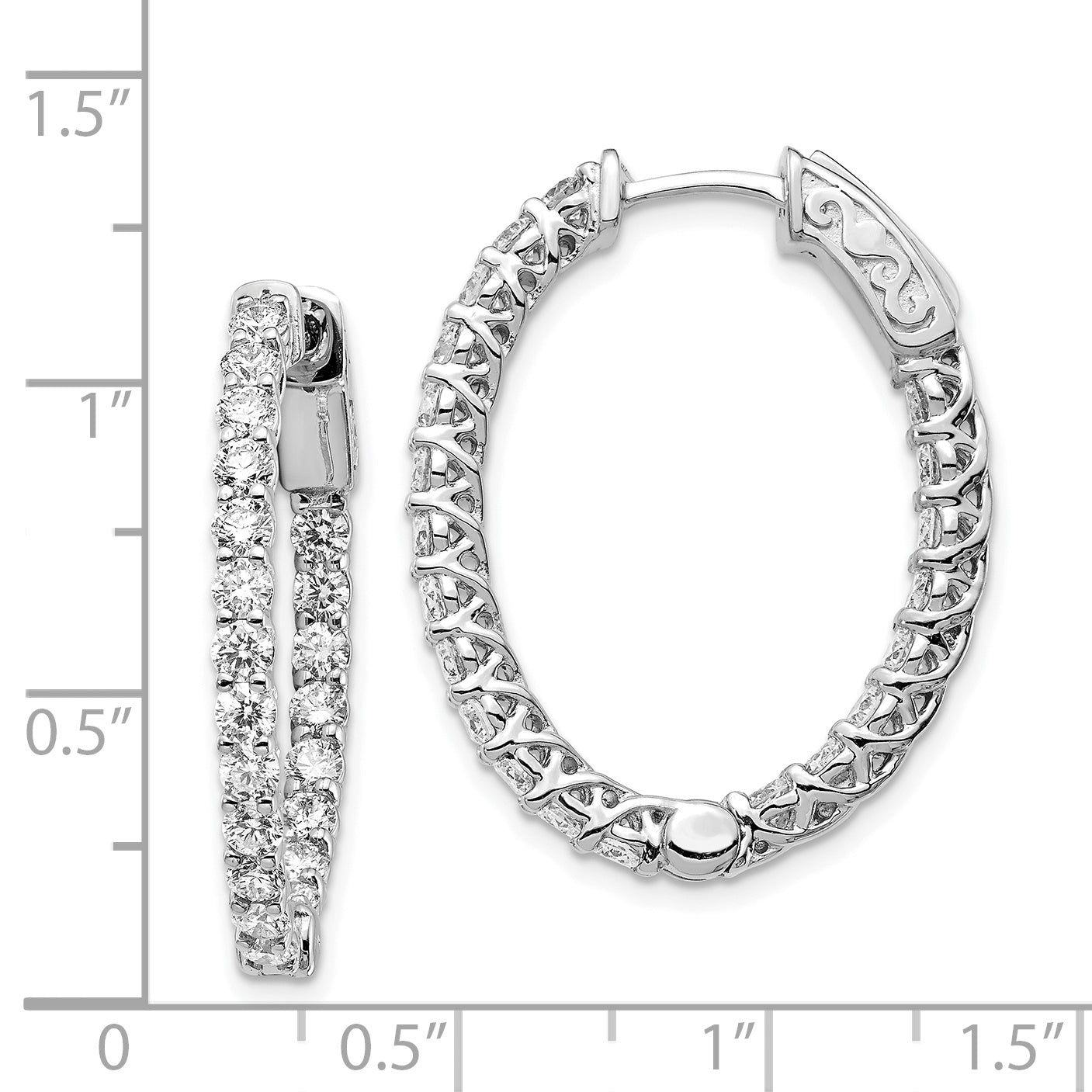 14k White Gold Diamond Oval Hoop w/Safety Clasp Earrings Secondary image