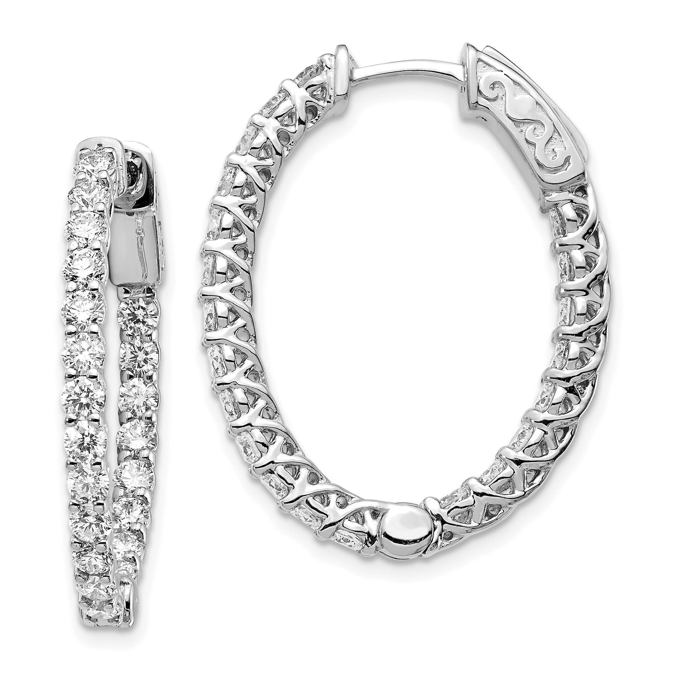 14k White Gold 2 1/2 carat Lab Grown Diamond VS/SI+ G+ Oval In and Out Safety Clasp Hoop Earrings Main image