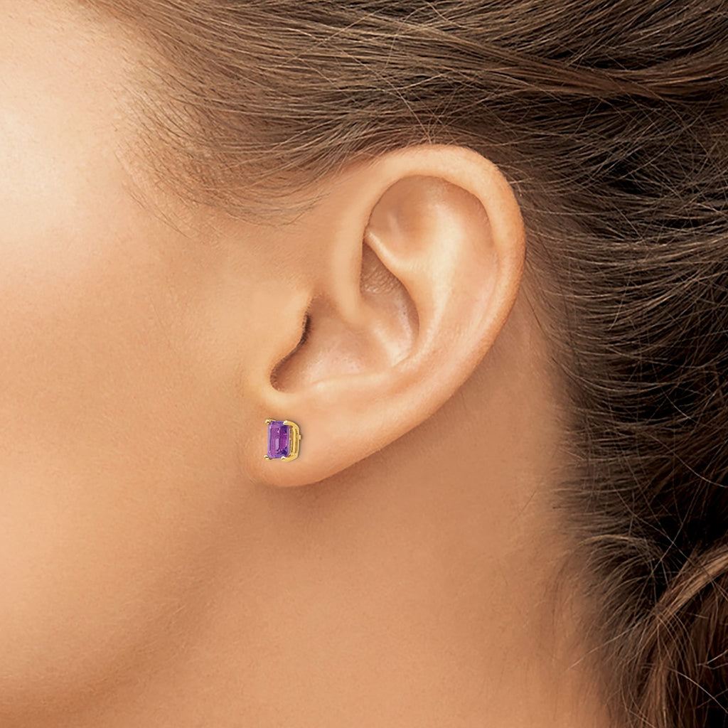 Emerald Cut Amethyst Stud Earrings in 14K Yellow Gold, 6x4mm - Sophia Jewelers