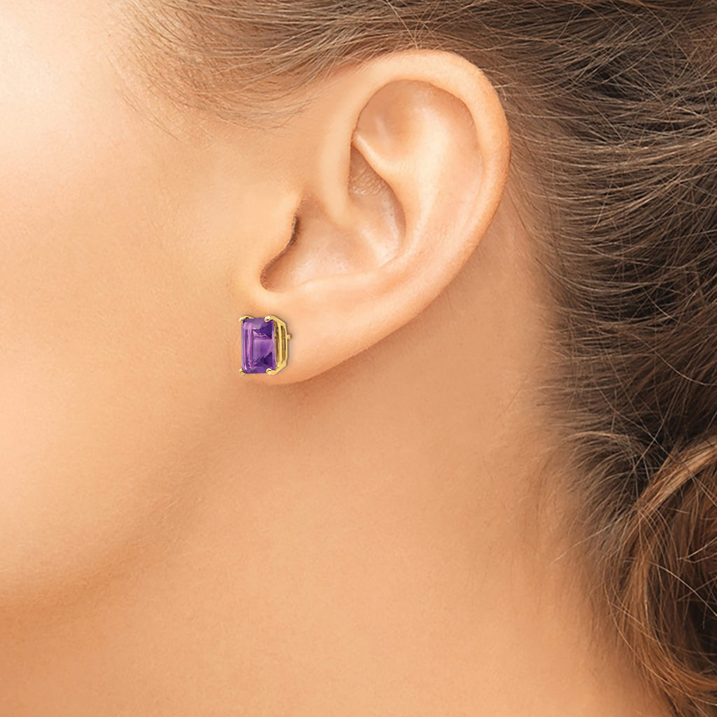 Emerald Cut Amethyst Stud Earrings in 14K Yellow Gold, 9x7mm - Sophia Jewelers
