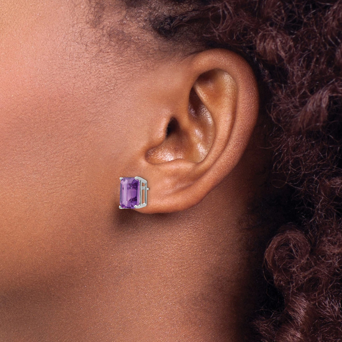 Emerald-Cut Amethyst Stud Earrings in 14K White Gold, 10x8mm - Sophia Jewelers