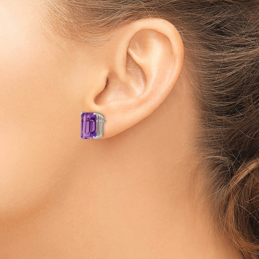 Emerald Cut Amethyst Stud Earrings in 14K White Gold, 12x10mm - Sophia Jewelers