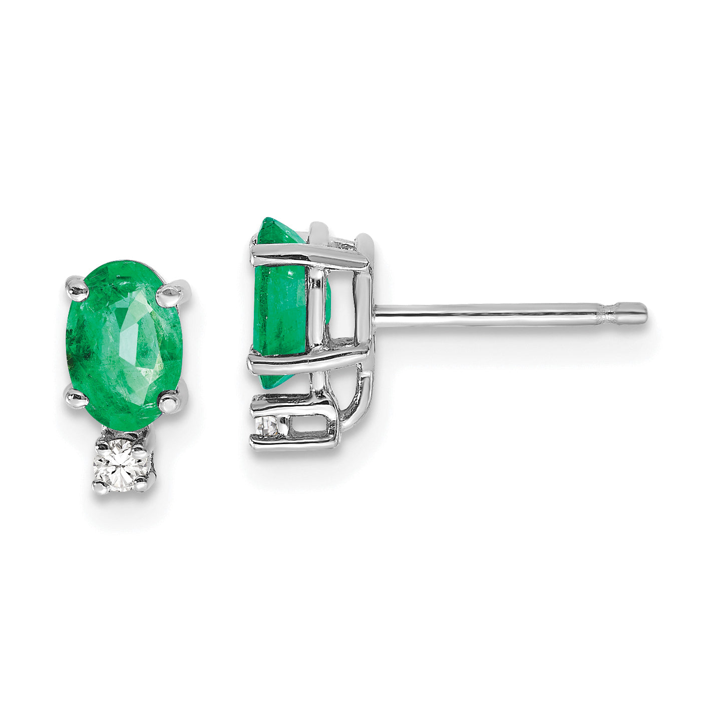 14k White Gold 6x4mm Oval Emerald and AA Quality Diamond Post Earrings