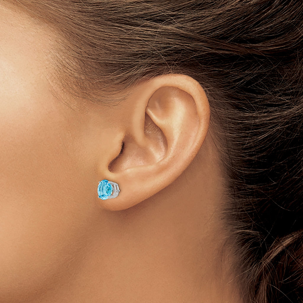 Blue Topaz Stud Earrings in 14K White Gold, 8mm - Sophia Jewelers