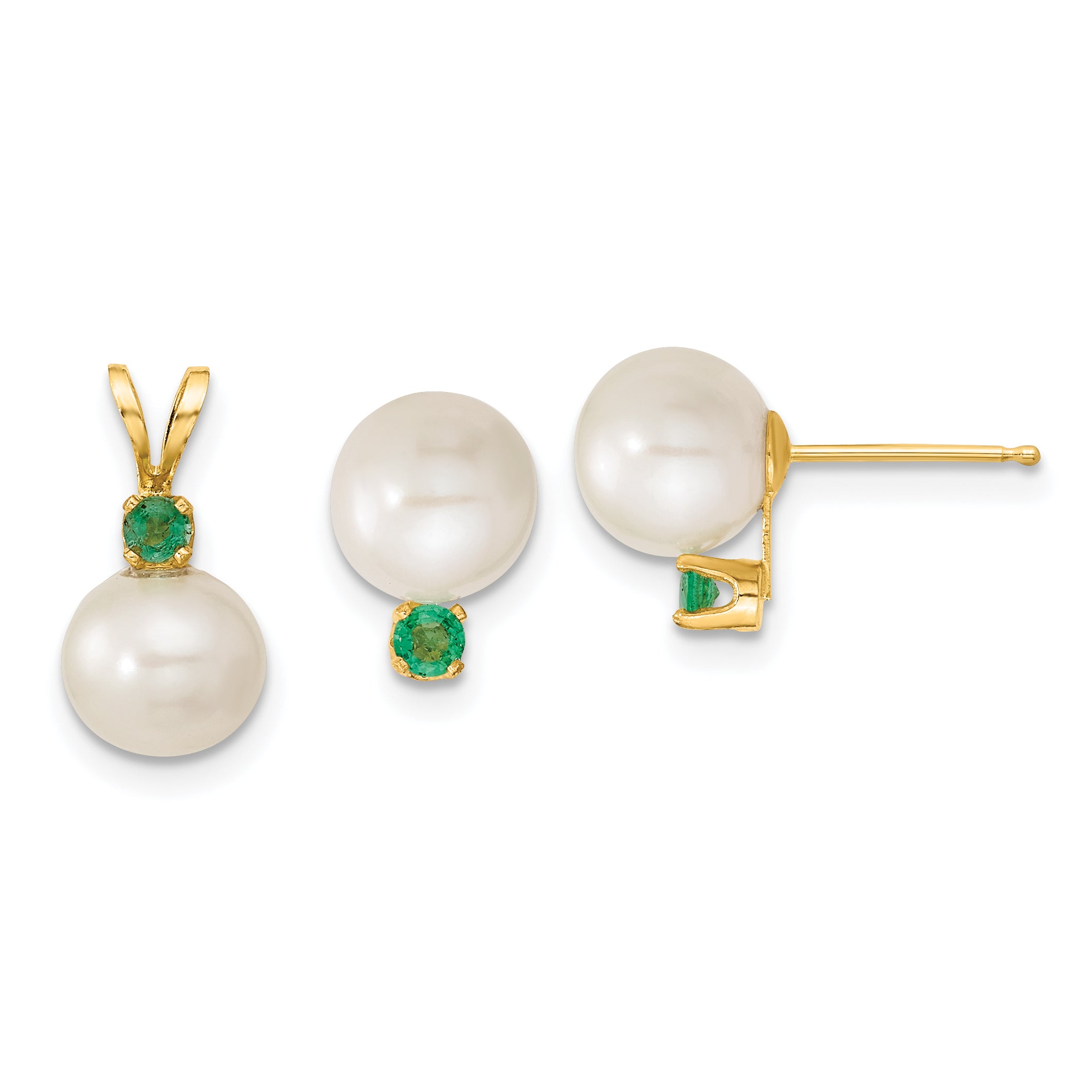 14k 7-8mm White Round Freshwater Cultured Pearl and .21EM Emerald Post Earrings and Pendant Set Main image