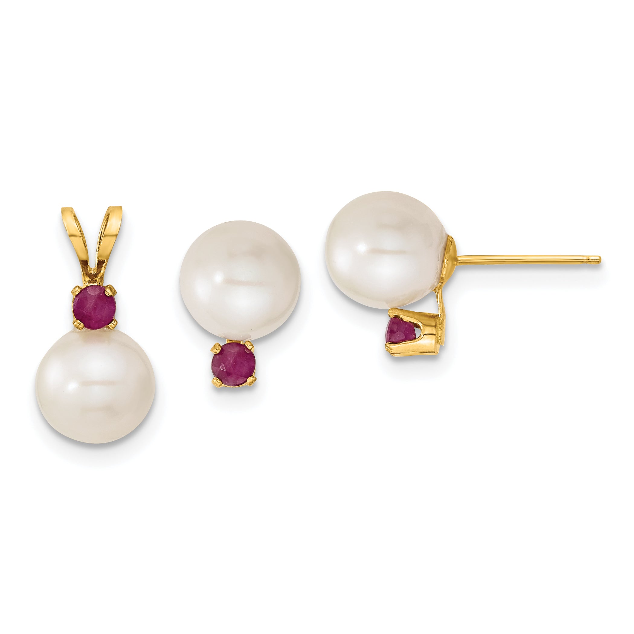 14k 7-8mm White Round Freshwater Cultured Pearl and .30RU Ruby Post Earrings and Pendant Set Main image