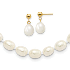 14k 7-8mm White Rice Freshwater Cultured Pearl 18 inch Necklace and Post Earring Set