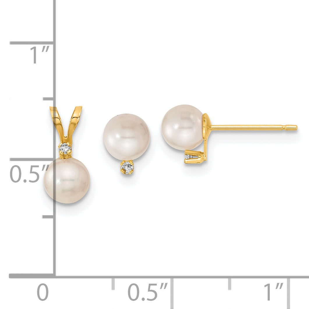 14k 5-6mm White Round Akoya Saltwater Cultured Pearl and .03 Carat Diamond Post Earrings and Pendant Set