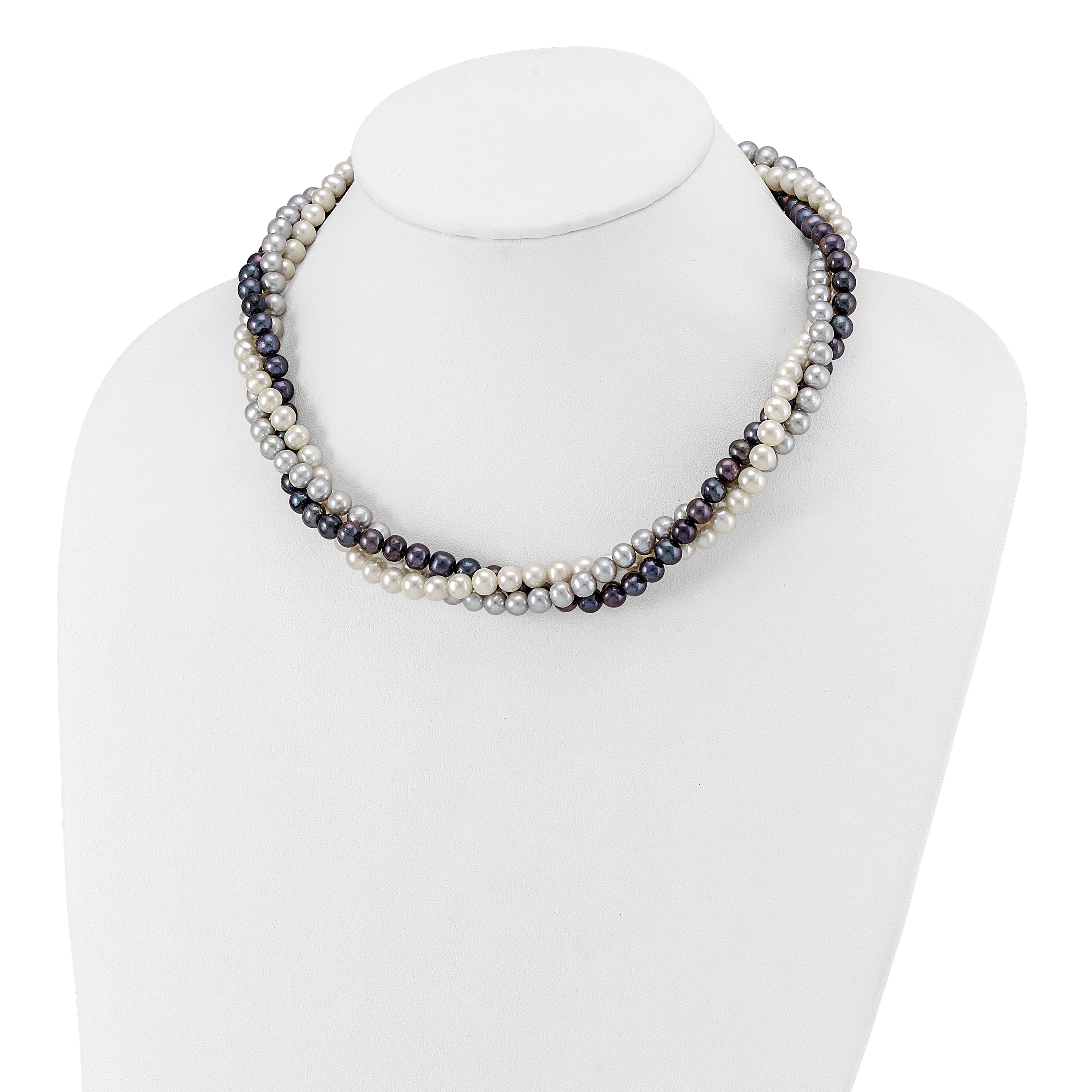 14k 6-7mm White/Gray/Black Near-Round Freshwater Cultured Pearl 3-Strand 18 inch Necklace