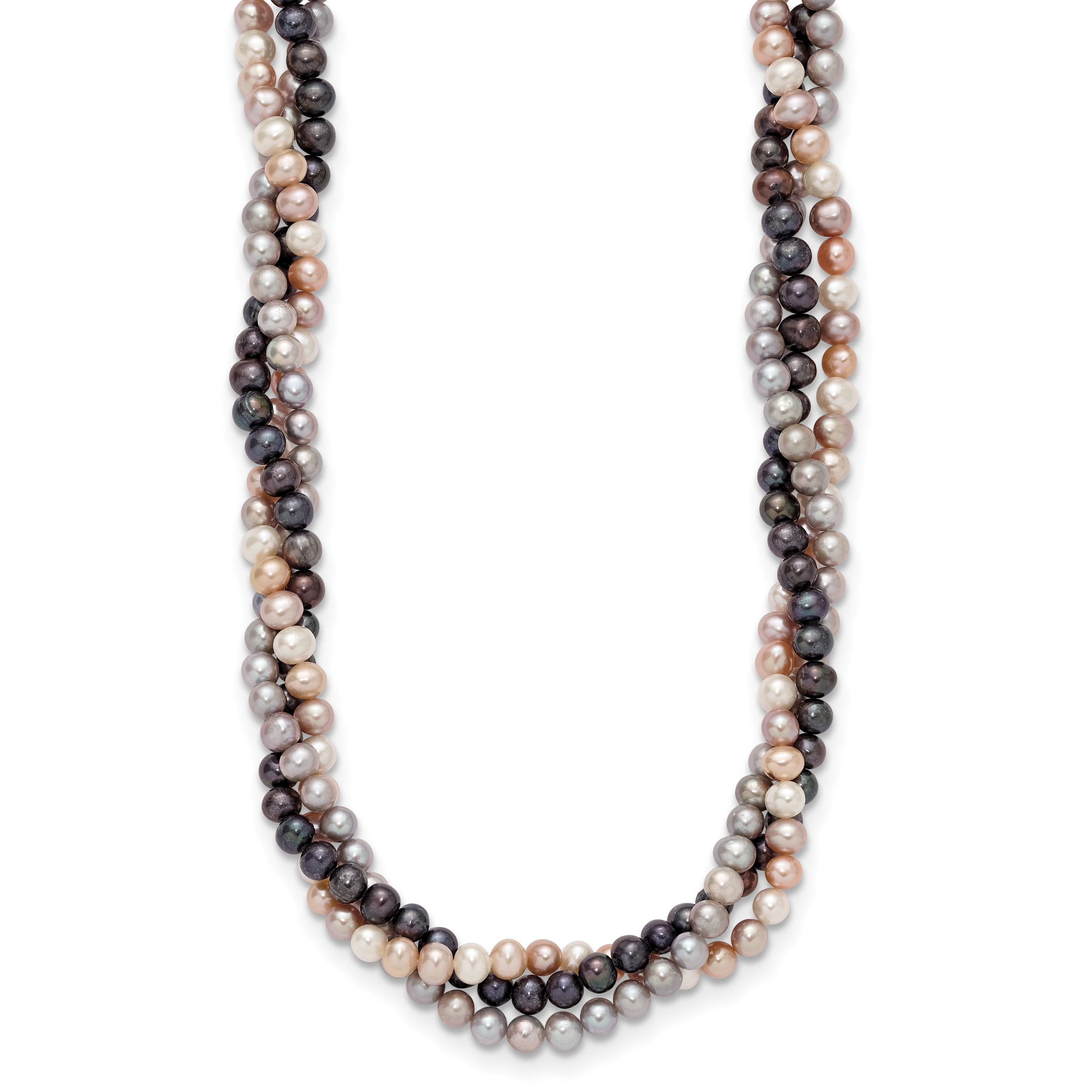 14k White Gold 6-7mm Pink/Gray/Black Near-Round Freshwater Cultured Pearl 3-Strand 18 inch Necklace Secondary image