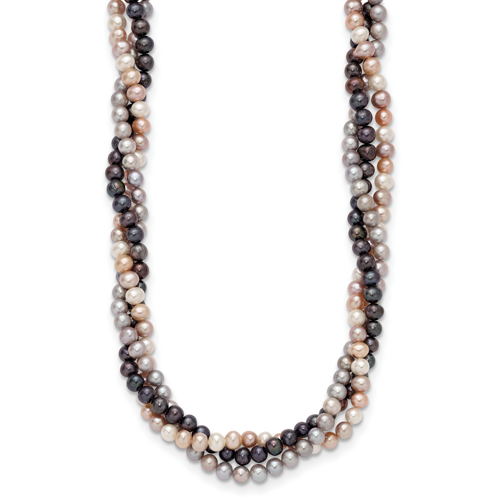 14k White Gold 6-7mm Pink/Gray/Black Near-Round Freshwater Cultured Pearl 3-Strand 18 inch Necklace