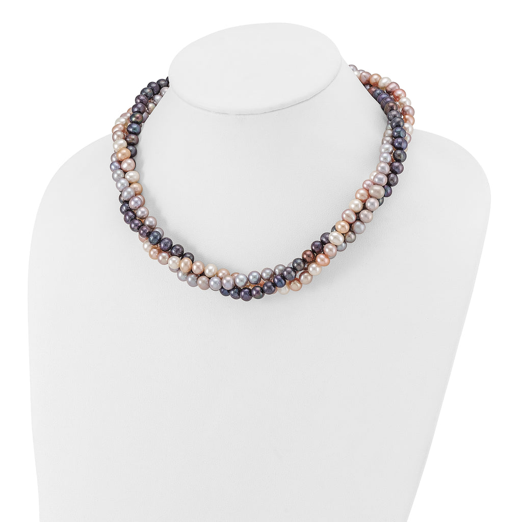 14k White Gold 6-7mm Pink/Gray/Black Near-Round Freshwater Cultured Pearl 3-Strand 18 inch Necklace