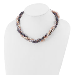 14k White Gold 6-7mm Pink/Gray/Black Near-Round Freshwater Cultured Pearl 3-Strand 18 inch Necklace