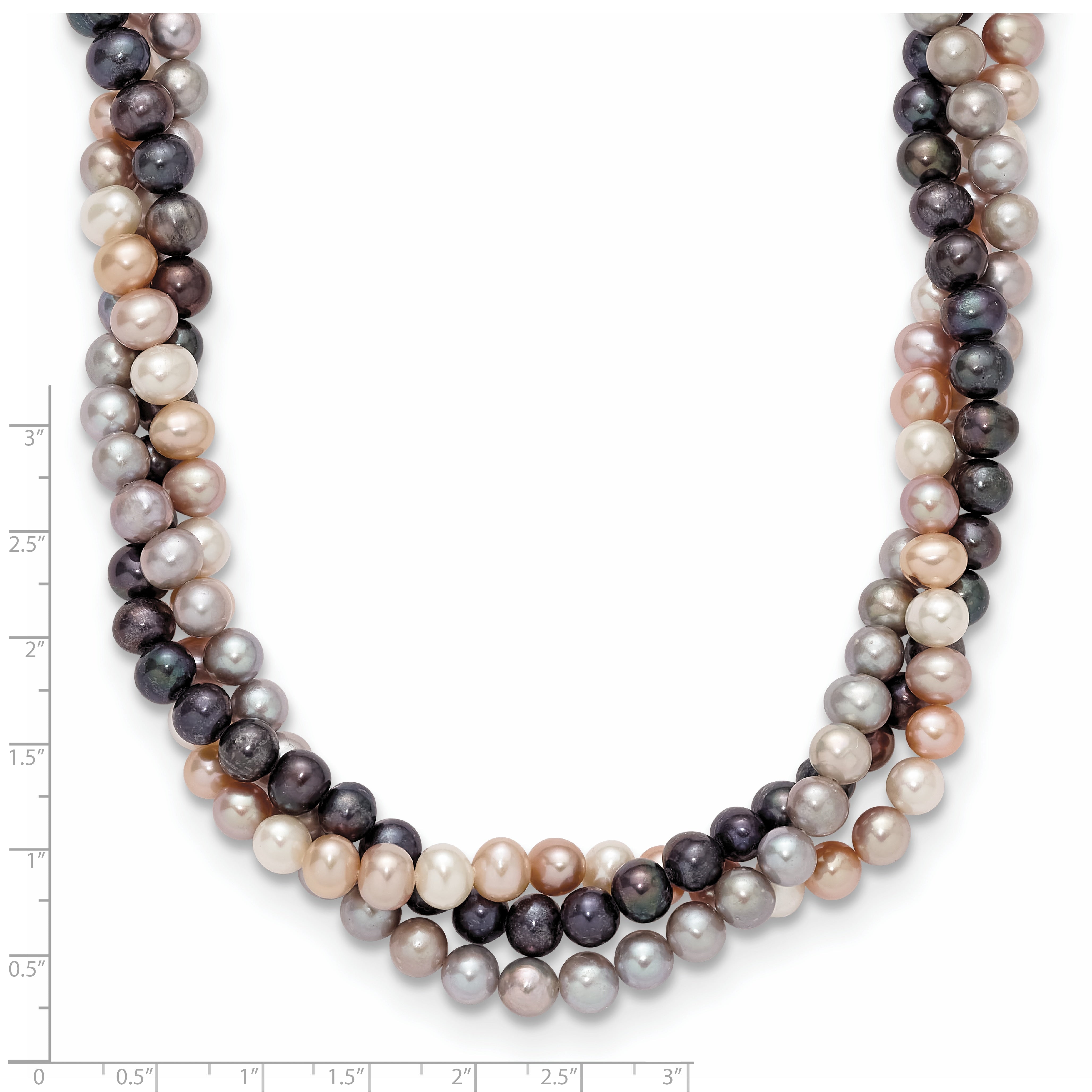 14k White Gold 6-7mm Pink/Gray/Black Near-Round Freshwater Cultured Pearl 3-Strand 18 inch Necklace