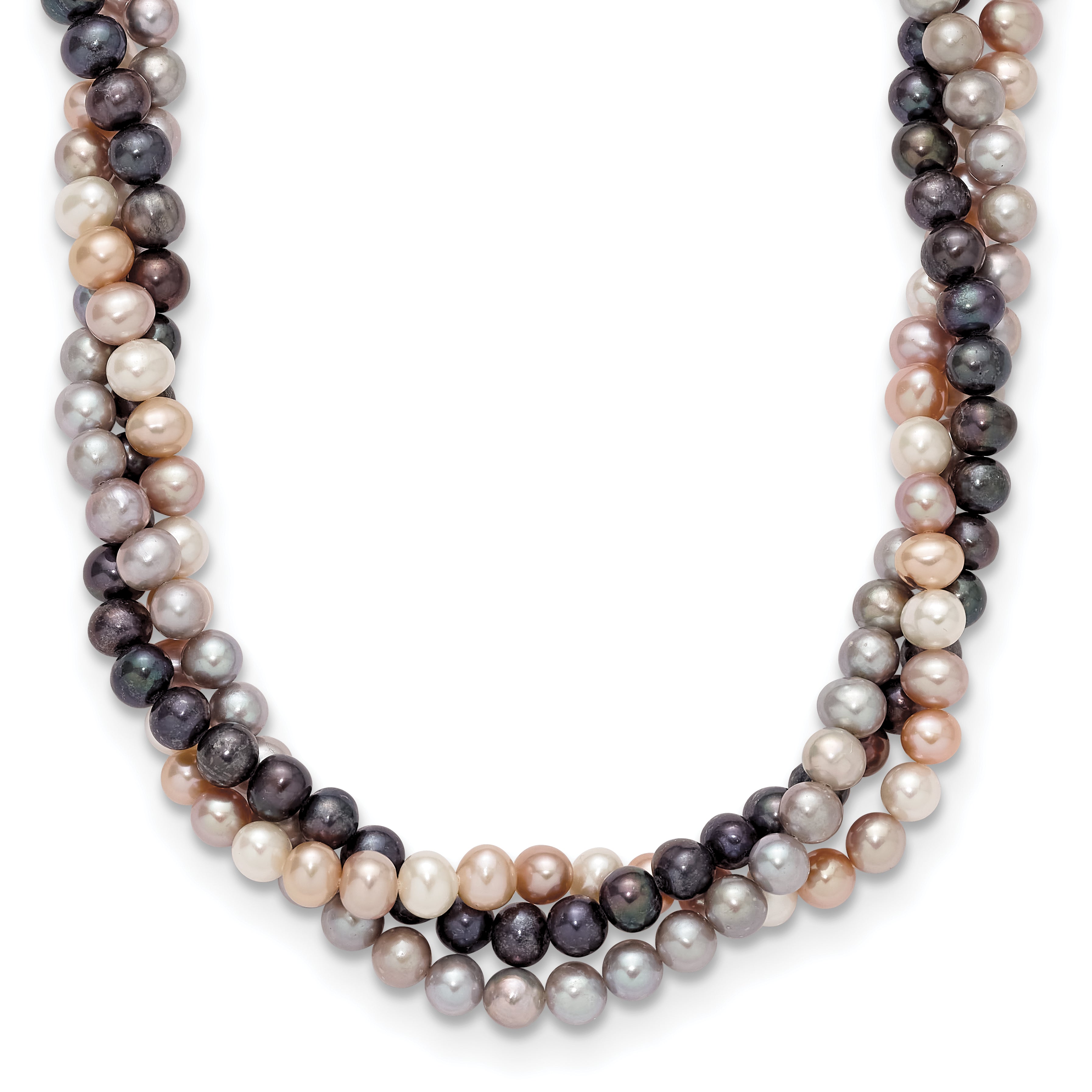 14k White Gold 6-7mm Pink/Gray/Black Near-Round Freshwater Cultured Pearl 3-Strand 18 inch Necklace