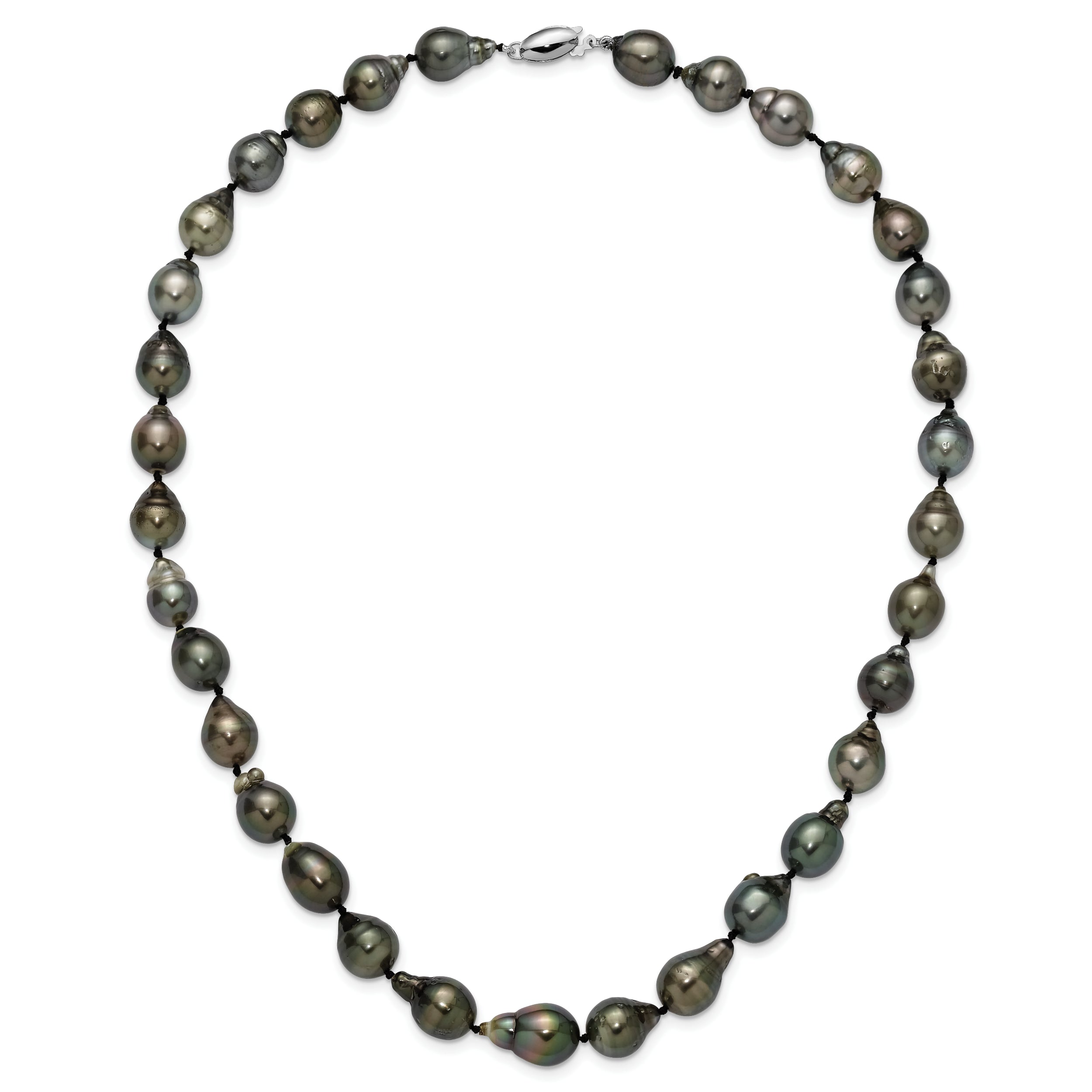 14k White Gold 8-11mm Black Baroque Tahitian Saltwater Cultured Pearl Graduated 18 inch Necklace