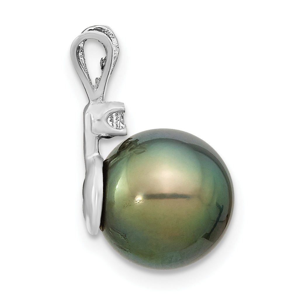 14k White Gold 10-11mm Round Black Tahitian Saltwater Cultured Pearl and  .05 Carat Diamond Pendant