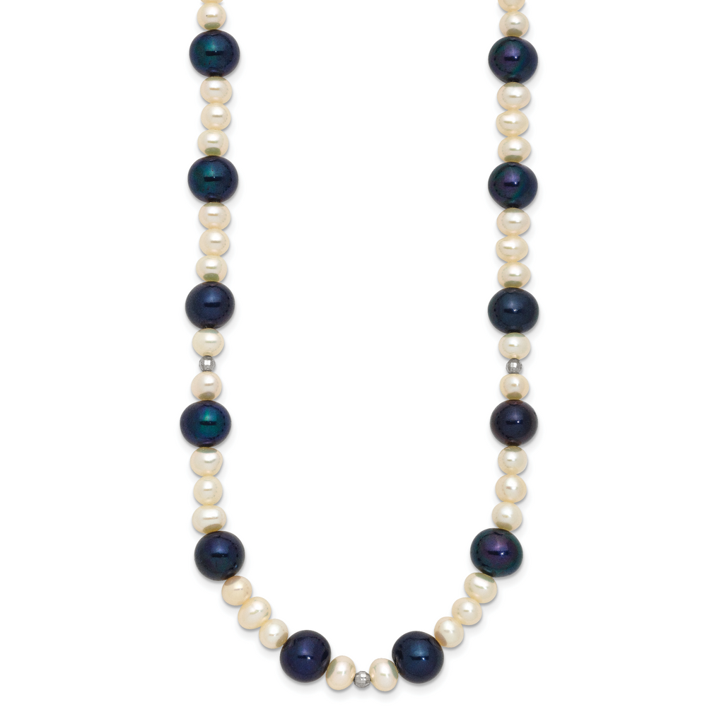 14k White Gold Black and White Semi-Round Freshwater Cultured and Mirror Bead 18 inch Necklace