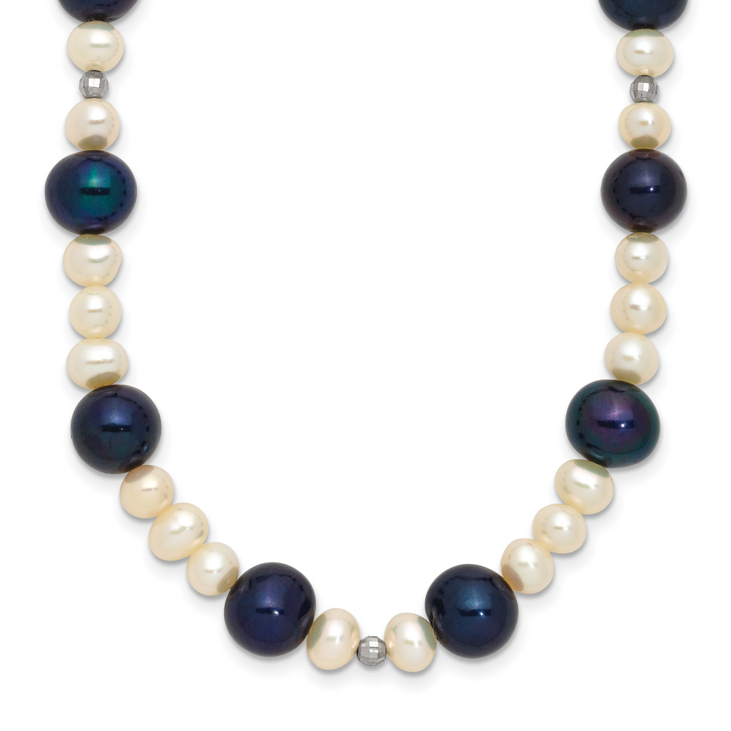 14k White Gold Black and White Semi-Round Freshwater Cultured and Mirror Bead 18 inch Necklace