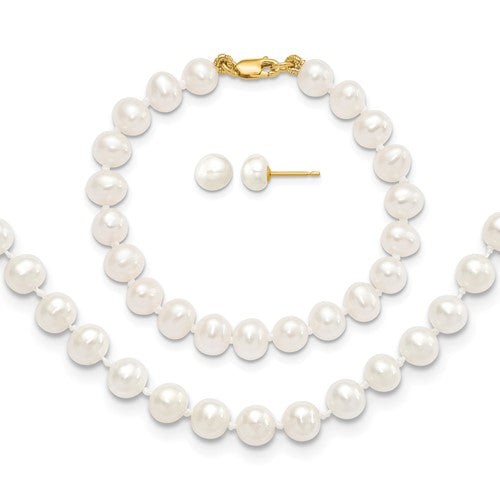 Freshwater Cultured Pearl Necklace, Bracelet & Earrings Set in 14K Yellow Gold, 14, 5-6mm - Sophia Jewelers Main image