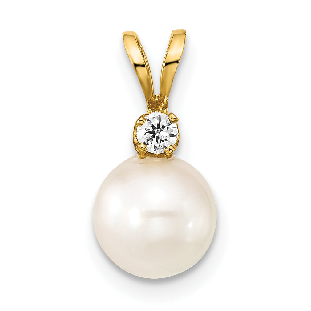 14K 7-8mm Round White Saltwater Akoya Cultured Pearl Diamond Pendant Secondary image