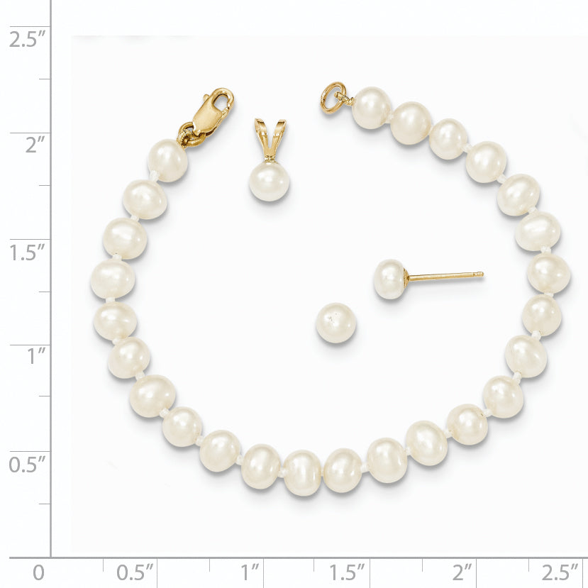 14k 4-5mm White Freshwater Cultured Pearl Pendant, 5 inch Bracelet and Post Earrings Set