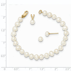 14k 4-5mm White Freshwater Cultured Pearl Pendant, 5 inch Bracelet and Post Earrings Set