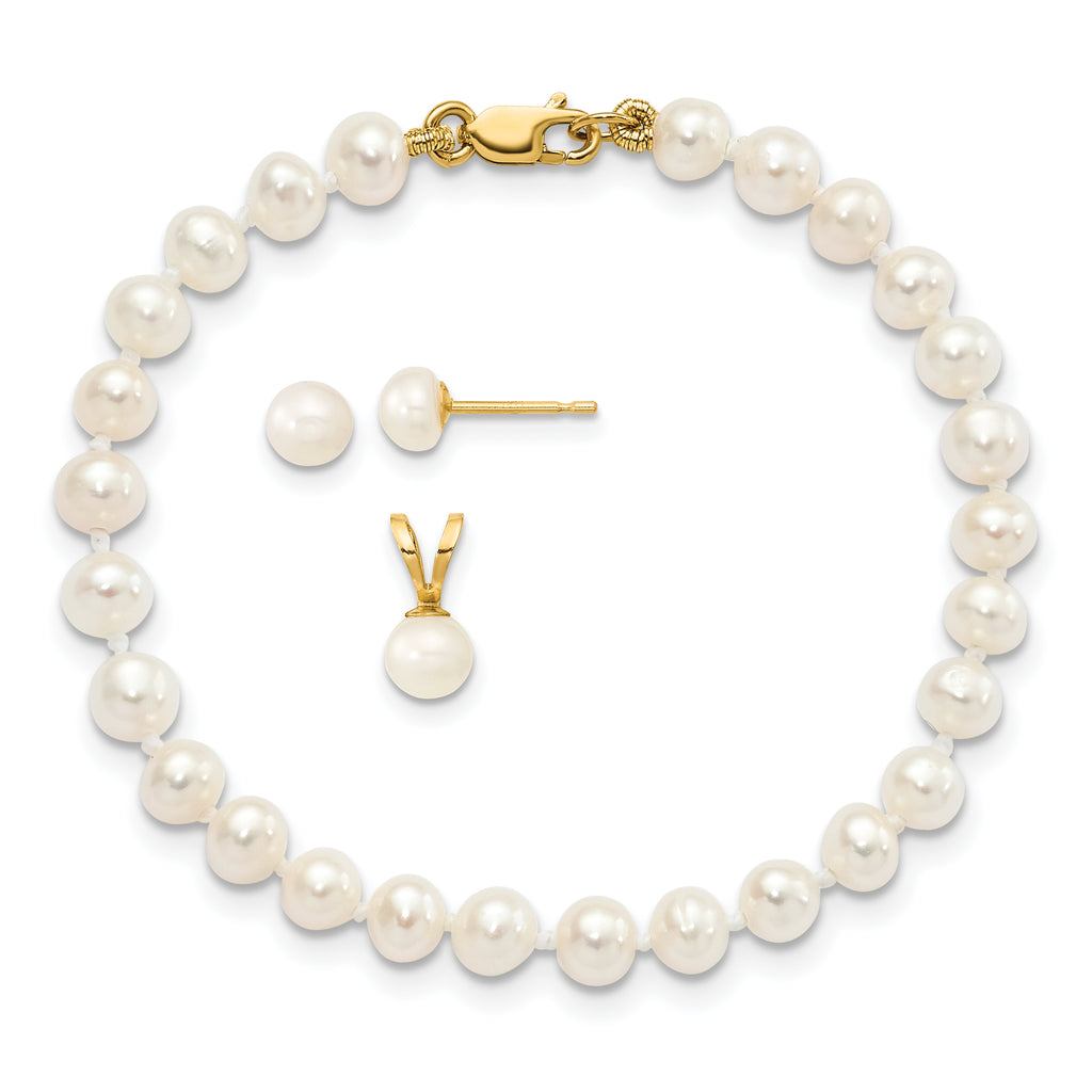 14k 4-5mm White Freshwater Cultured Pearl Pendant, 5 inch Bracelet and Post Earrings Set