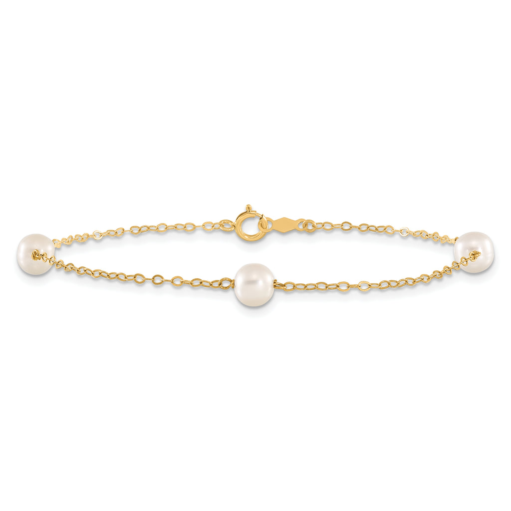 14k 5-6mm White Near-Round Freshwater Cultured Pearl 3-Station 7.25 inch Bracelet