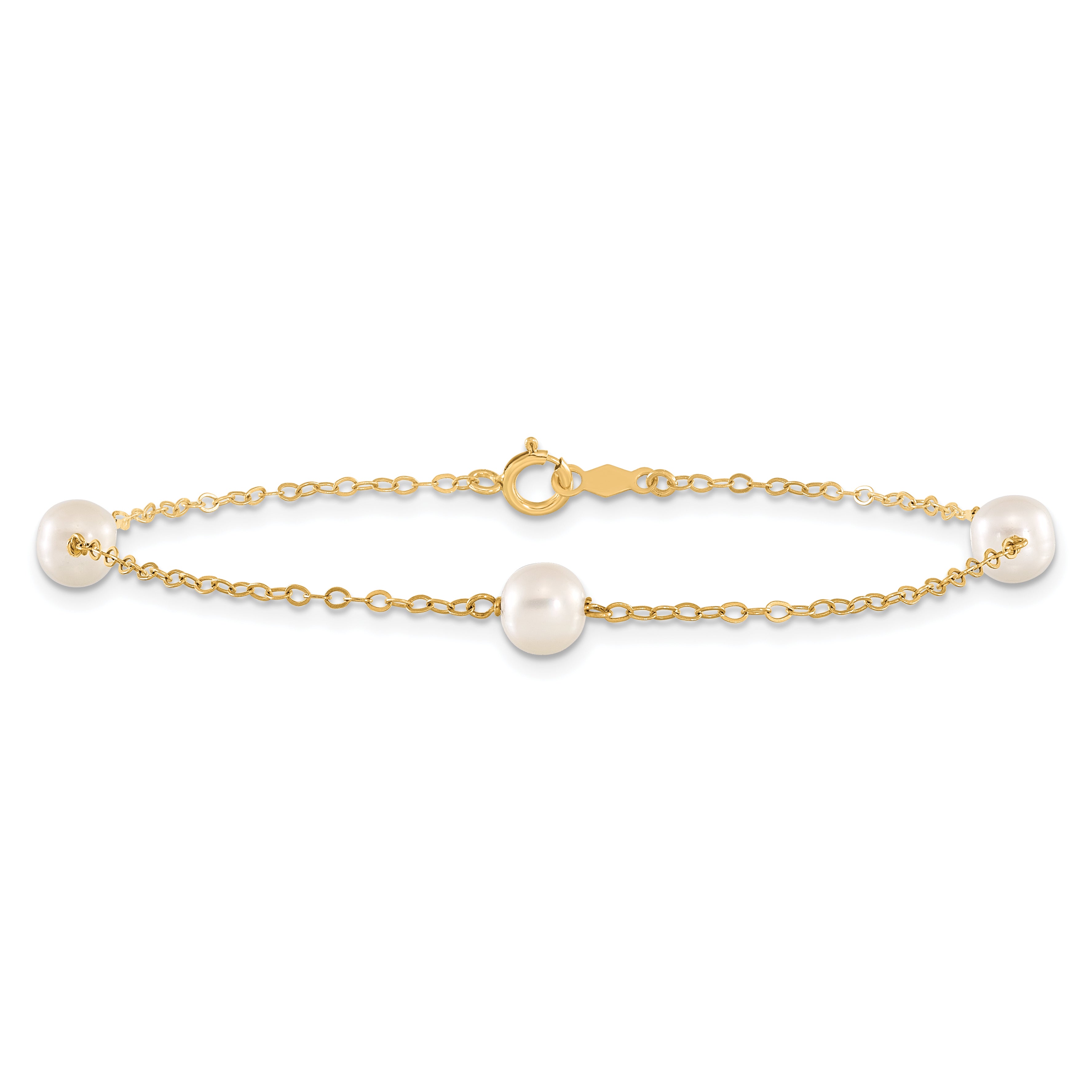 14k 5-6mm White Near-Round Freshwater Cultured Pearl 3-Station 7.25 inch Bracelet