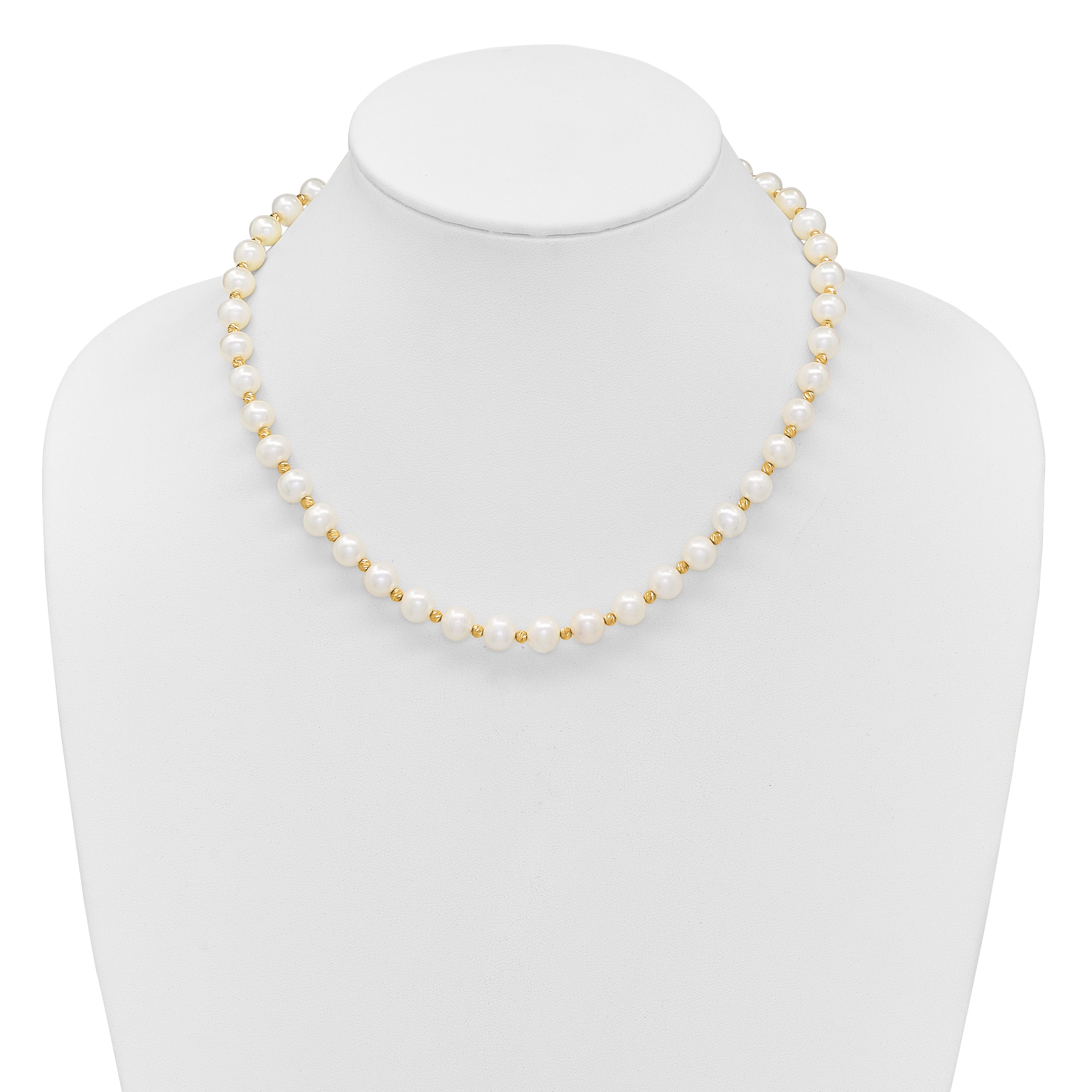 14k 8-9mm White Near-Round Freshwater Cultured Pearl and Diamond-cut Beaded 18 inch Necklace